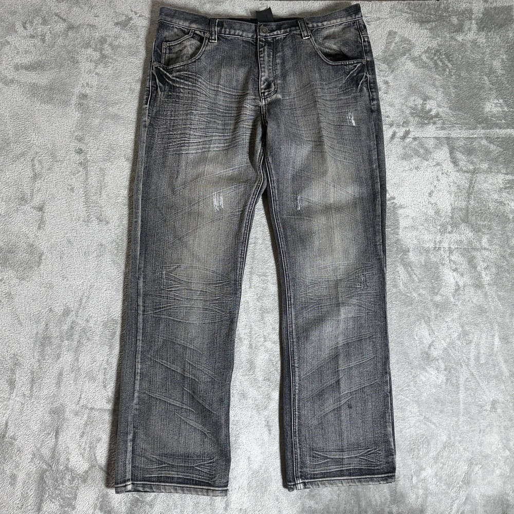 Y2K Raw Blue Wide Leg Baggy Jeans 36x32  Black Denim Skater Hip-Hop Flaps